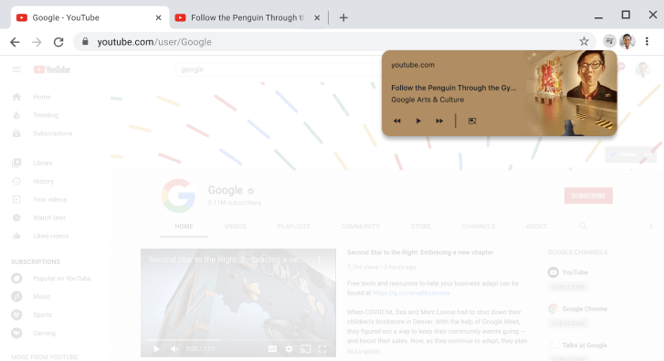 Chrome-Browserfenster mit kleinem Fenster zur Mediensteuerung.