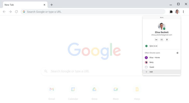 Chrome-Browser mit kleinem Fenster zum Wechseln des Profils.