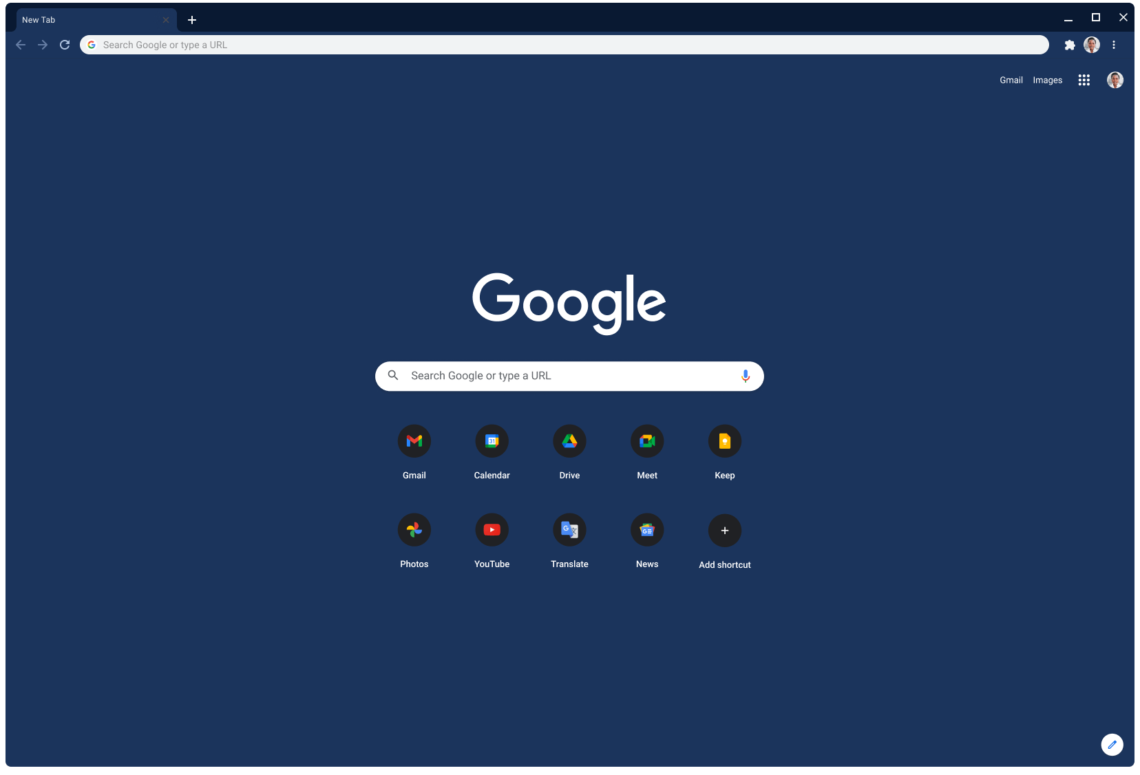 Chrome-Browserfenster mit Google.com, im Slate-Design.