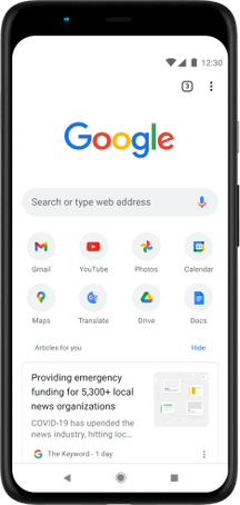 Pixel 4 XL mit Google.com-Suchleiste, favorisierten Apps und vorgeschlagenen Artikeln.