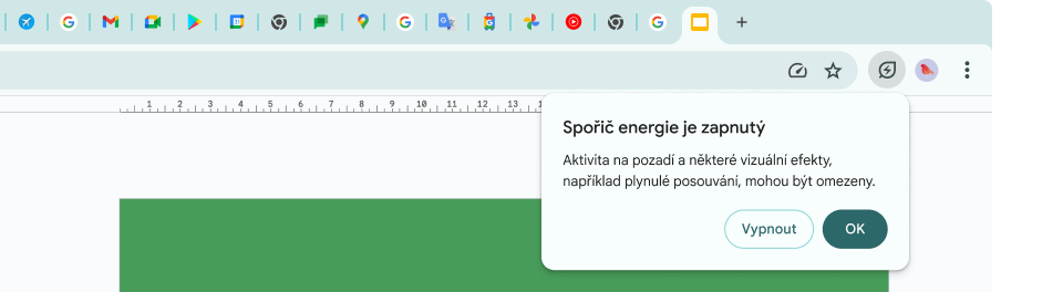 Kurzor klikl na ikonu Spořiče energie, který vysvětluje, že aktivita na pozadí a některé vizuální efekty jsou omezeny, aby se ušetřila paměť.