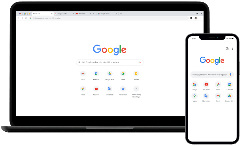 Laptop und Mobilgerät mit Google.com-Startseite.