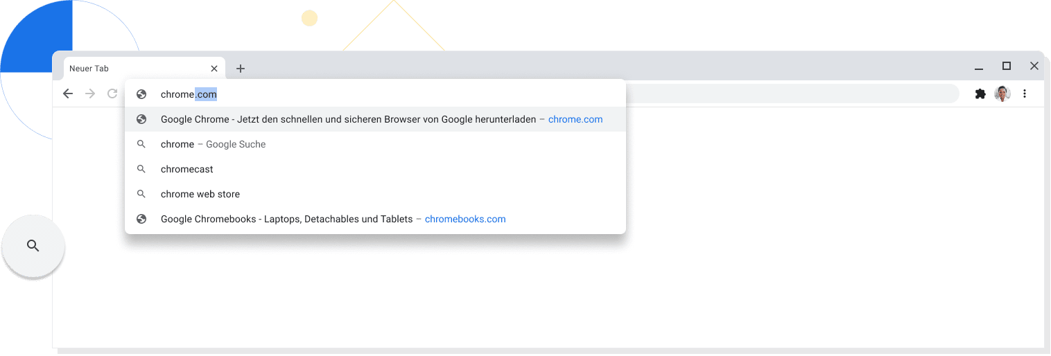 Herangezoomtes Bild eines neuen Tabs in einem Chrome-Browserfenster mit chrome.com in der Adressleiste.
