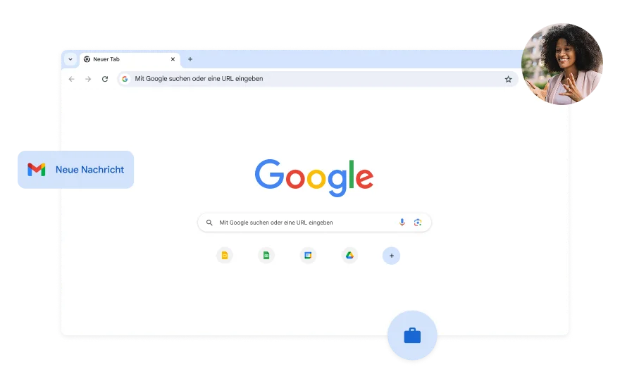 Der Hintergrund der Google Suche ist weiß. In einer Ecke ist ein Foto einer Frau.
