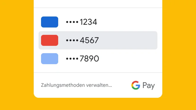 In Google Pay werden zur Sicherheit nur die letzten 4 Ziffern von 3 Kreditkarten angezeigt.
