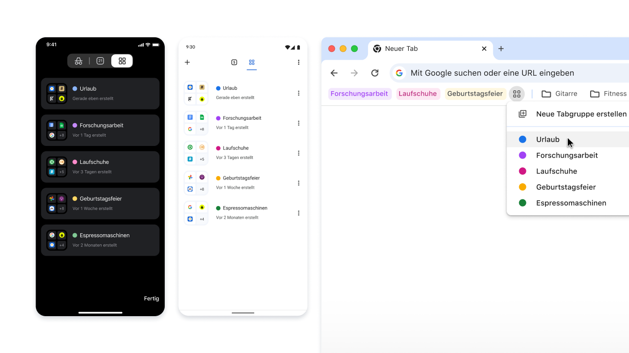 Tabgruppen auf iOS-, Android- und Desktop-Geräten