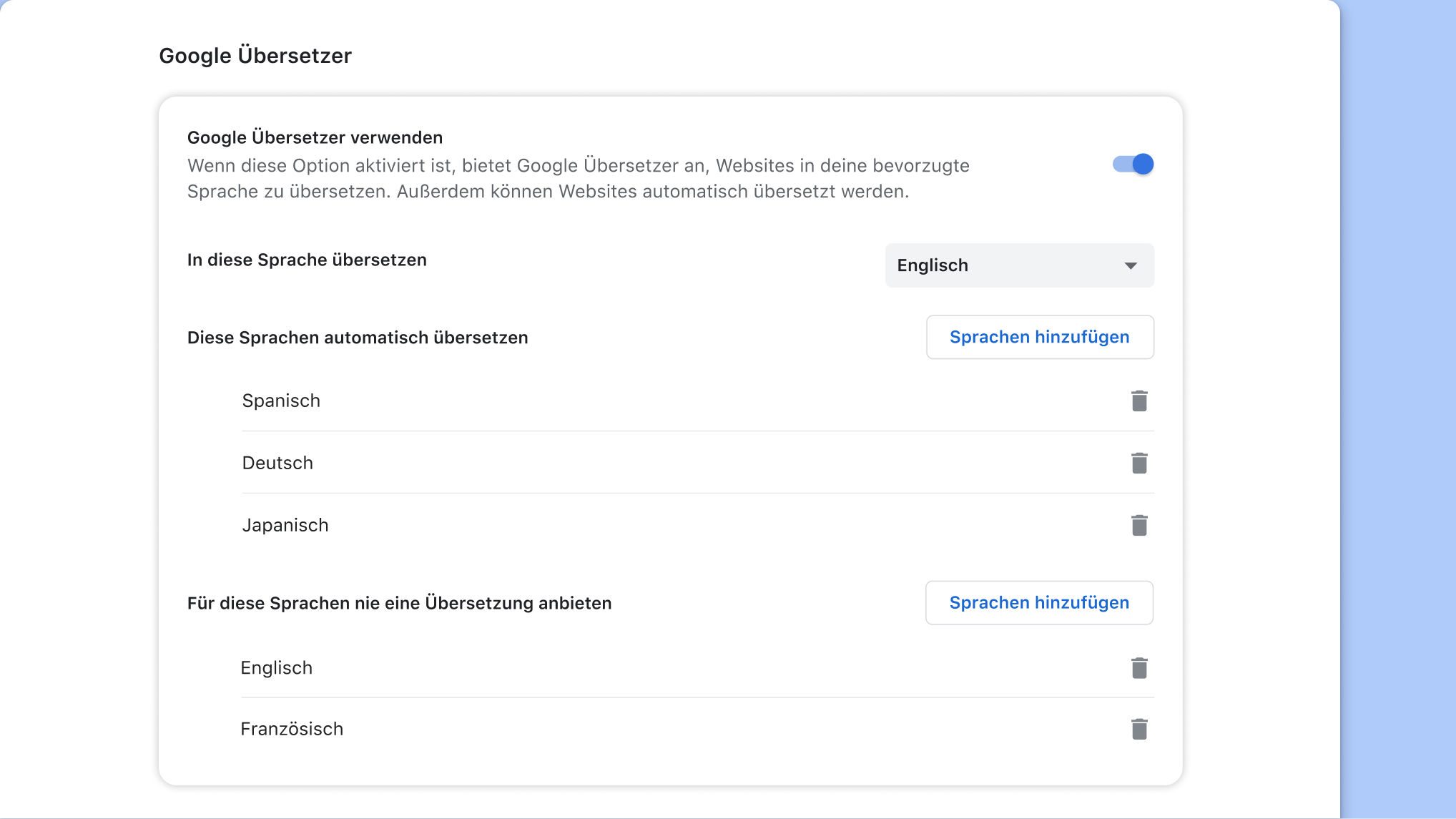 Einstellungsseite für Google Übersetzer in Chrome