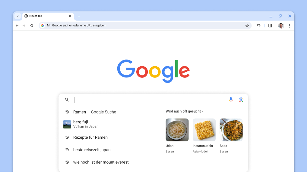 Der Cursor ist im Suchfeld platziert und es werden automatisch vorherige Suchen und Suchanfragen zu ähnlichen Themen angezeigt.
