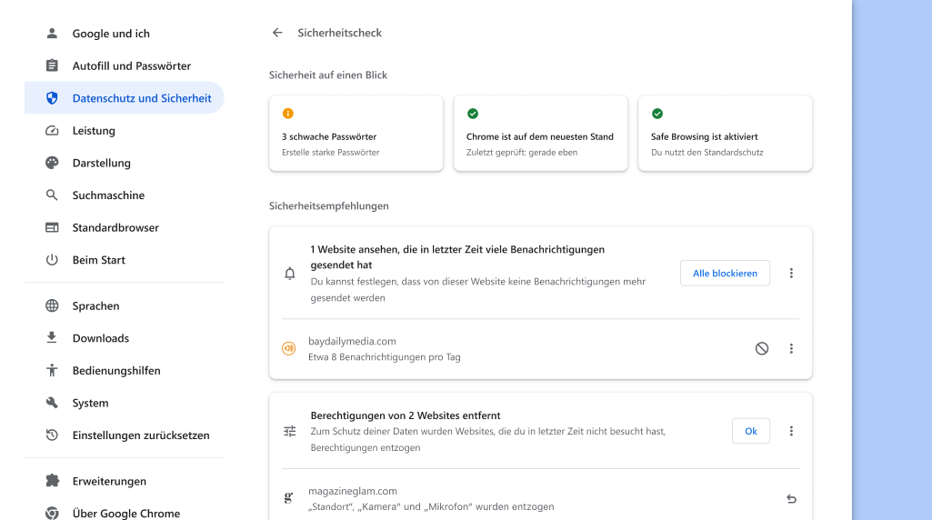 Der Chrome-Sicherheitscheck sucht im Hintergrund nach Datenschutz- und Sicherheitsproblemen und zeigt dann den Sicherheitsstatus und relevante Empfehlungen zur Verbesserung deiner Sicherheit an.