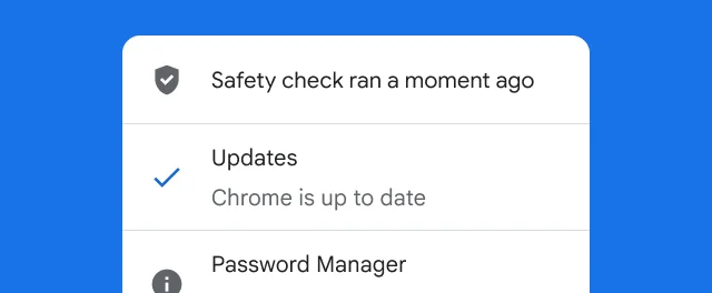 An alert shows that Chrome's safety check has been completed and the browser is up to date.