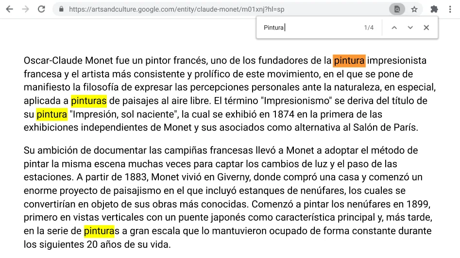 Ventana del navegador Chrome que muestra una página web con la función Buscar activada.