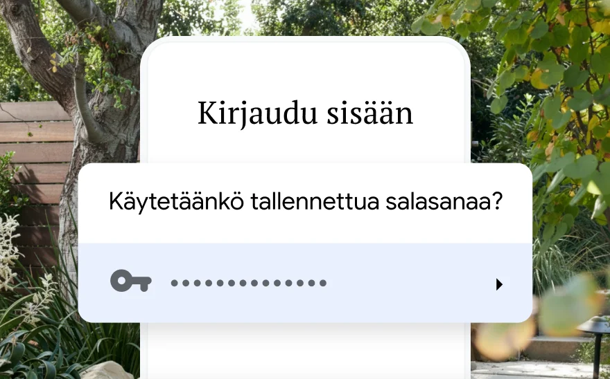 Matkavarauksen kirjautumissivu, jossa pyydetään käyttämään tallennettua salasanaa. Taustalla näkyy luonnonmaisema.