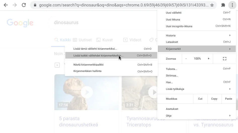Chrome-selainikkuna, jonka valintaikkunassa näkyy Lisää kaikki välilehdet kirjanmerkkeihin ‑vaihtoehto.