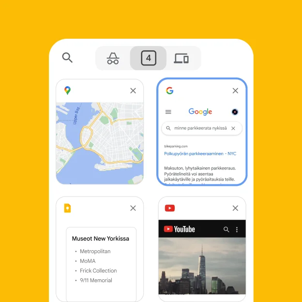 Mobiiliselain lataa pöytäkoneselaimesta välilehtiä, esimerkiksi Google Mapsin ja pysäköintitietoja.