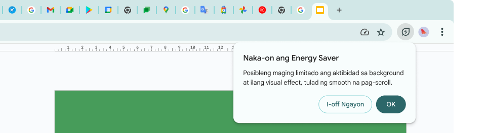 May cursor na nag-click sa icon ng Energy Saver, na nagpapaliwanag na nilimitahan ang aktibidad sa background at ilang visual effect para makatipid ng memory.
