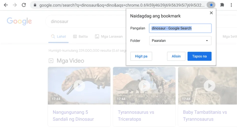 Window ng Chrome browser na may nakikitang nakabukas na dialog box ng I-bookmark.