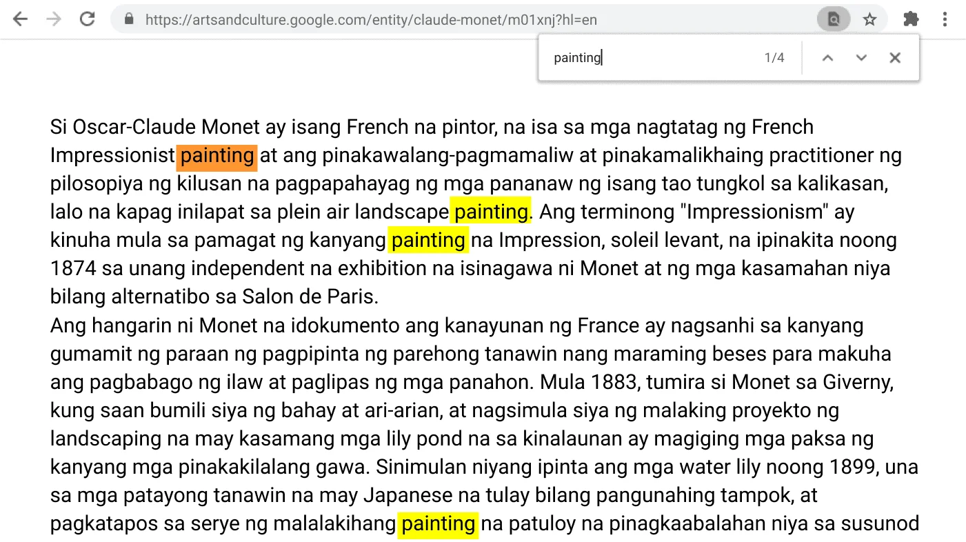 Window ng Chrome browser na nagbubukas sa isang webpage kung saan aktibo ang function na Maghanap.