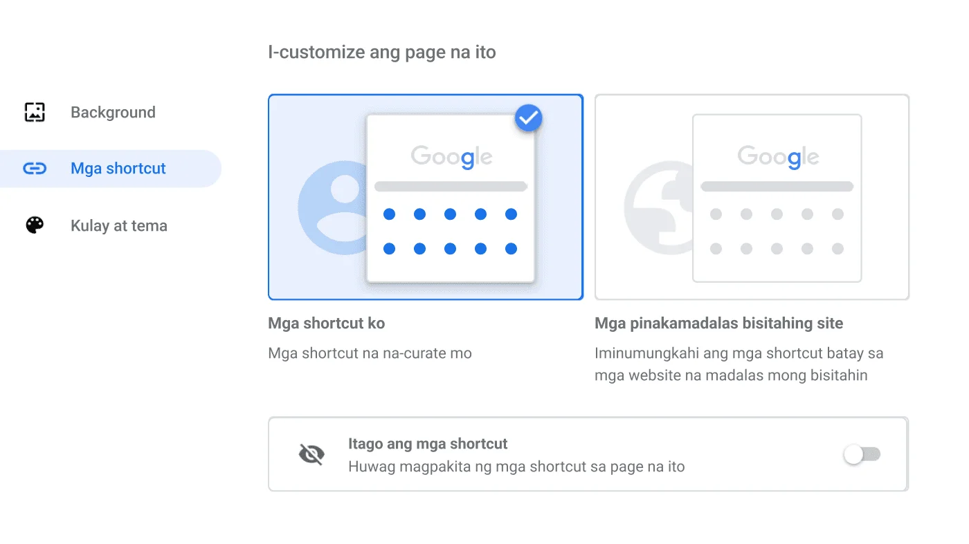 Window ng mga setting ng Chrome browser na nagpapakita ng dialog ng Mga Shortcut.