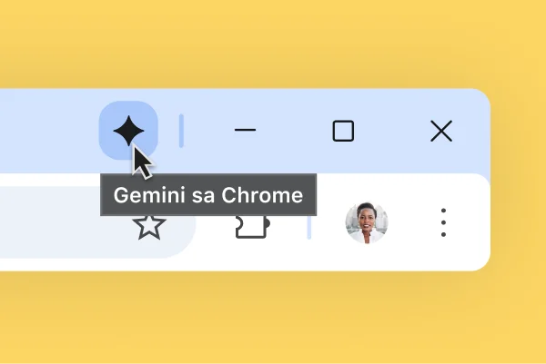 May ipinapakitang icon ng Gemini sa itaas ng Chrome browser bar. Nagho-hover ang user sa icon. Isang tooltip na nagsasabing 'Gemini sa Chrome.'