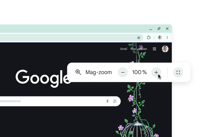 Homepage ng Google at pop-up na may Pag-zoom na nakatakda sa 100%