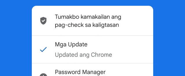 Ipinapakita ng alerto na nakumpleto na ang pag-check sa kaligtasan ng Chrome at up to date ang browser.