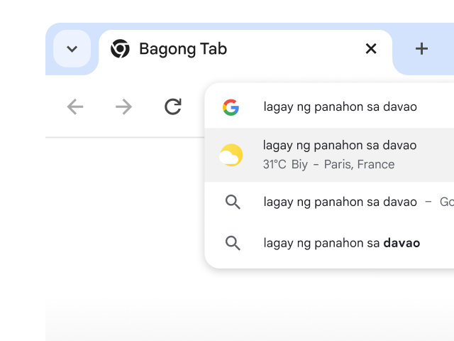 Nag-type ang user ng “lagay ng panahon sa Paris” sa address bar ng Chrome at may nabuo kaagad itong mga resulta.