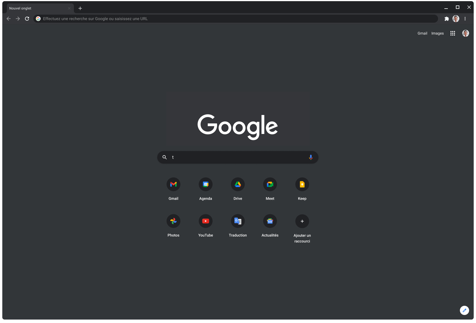 Fenêtre du navigateur Chrome en mode sombre, affichant la page google.com.