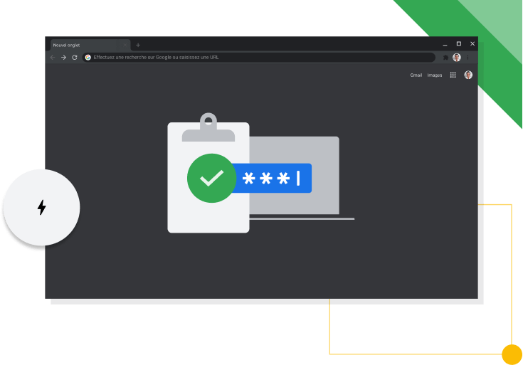 Fenêtre du navigateur Chrome en mode sombre avec une icône représentant le concept d'efficacité.