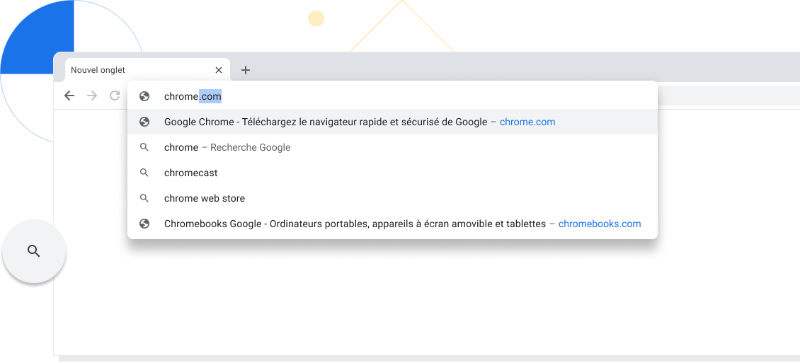 Vue agrandie d'un nouvel onglet dans une fenêtre du navigateur Chrome, avec chrome.com saisi dans la barre d'adresse.