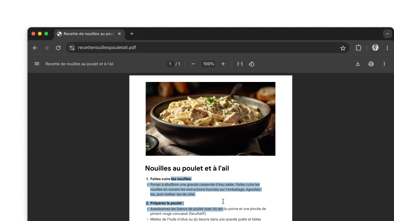 Un fichier PDF contenant une recette est ouvert dans une fenêtre du navigateur Chrome. L'utilisateur a sélectionné du texte dans le fichier PDF.