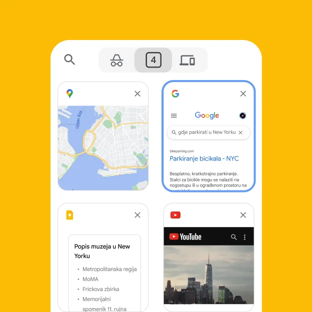 Mobilni preglednik učitava kartice iz računalnog preglednika, uključujući Google karte i informacije o parkiranju u gradu New Yorku.