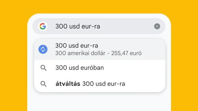 Egy felhasználó beírta a „300 usd to eur” kifejezést a Chrome címsávjába, és a böngésző azonnal találatokat jelenített meg.