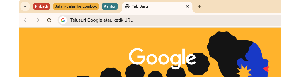 UI browser menampilkan tiga grup tab: Pribadi, Jalan-Jalan ke Arches, dan Kerja.