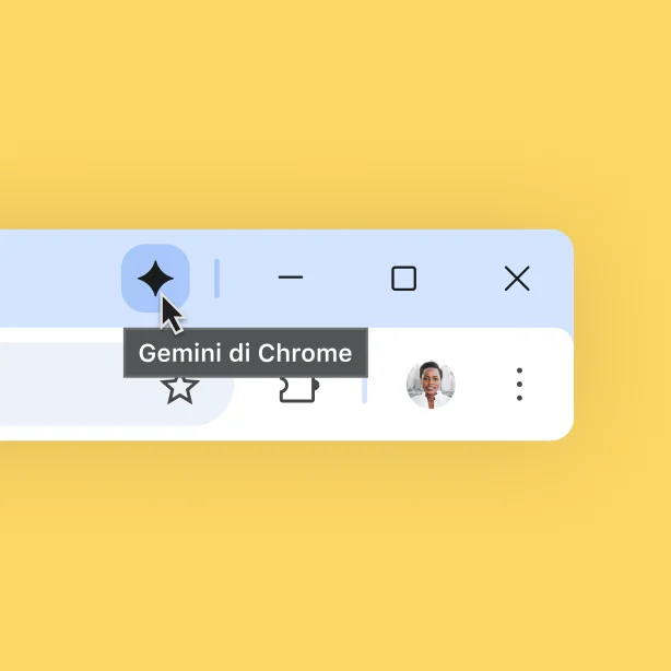 Ikon Gemini ditampilkan di bagian atas jendela browser Chrome. Pengguna mengarahkan kursor ke ikon. Tooltip bertuliskan 'Gemini di Chrome'.
