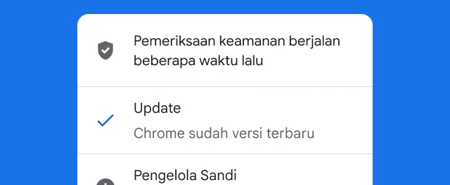 Sebuah peringatan menunjukkan bahwa pemeriksaan keamanan Chrome telah selesai dan browser sudah yang terbaru.