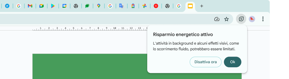 Un cursore ha fatto clic sull'icona Risparmio energetico, che spiega che l'attività in background e alcuni effetti visivi sono stati limitati per risparmiare memoria.