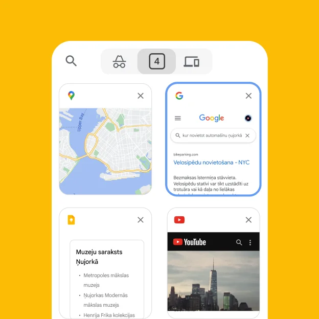 Mobilajā pārlūkā tiek ielādētas cilnes no datora pārlūka, tostarp Google Maps un informācija par autostāvvietām Ņujorkā.