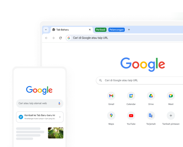 Peranti mudah alih dan komputer meja memaparkan halaman utama Google pada Chrome.
