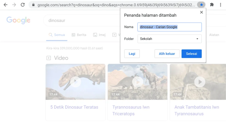 Tetingkap penyemak imbas Chrome dengan kotak dialog Penanda Halaman yang terbuka kelihatan.