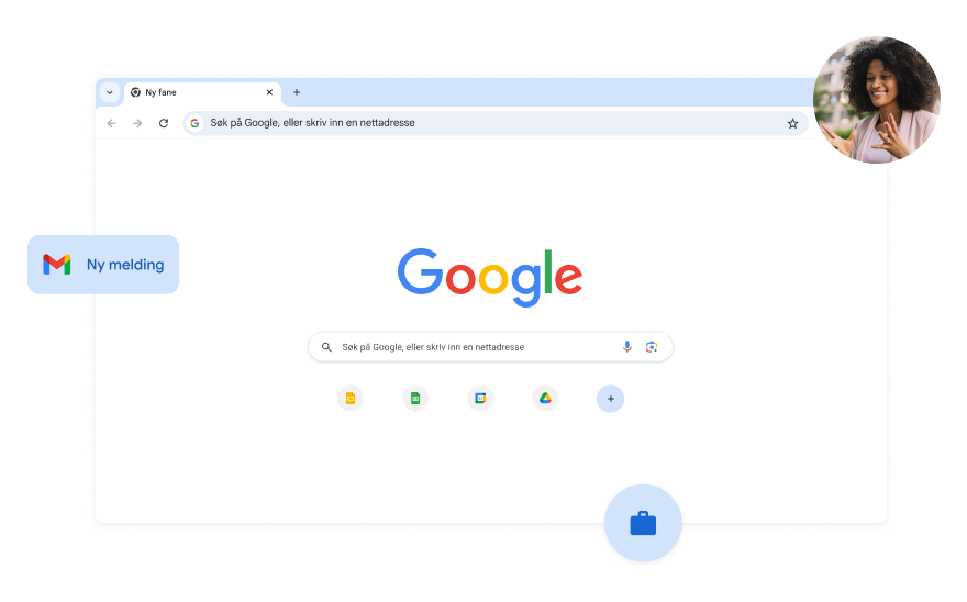 Bakgrunnen for Google Søk-siden er hvit. I et hjørne er det et bilde av en kvinne.
