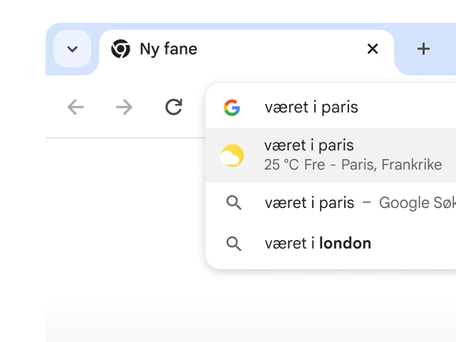 En bruker har skrevet inn «været i Paris» i adressefeltet i Chrome, og resultatene ble generert umiddelbart.