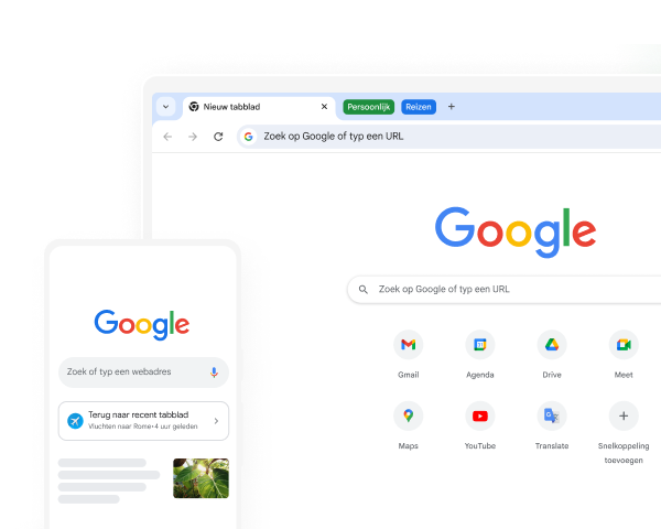 Een mobiel apparaat en een desktop tonen allebei de Google-homepage in Chrome.