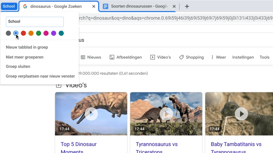 Chrome-browservenster met een dialoogvenster waarin je ziet hoe je een tabbladgroep een naam geeft