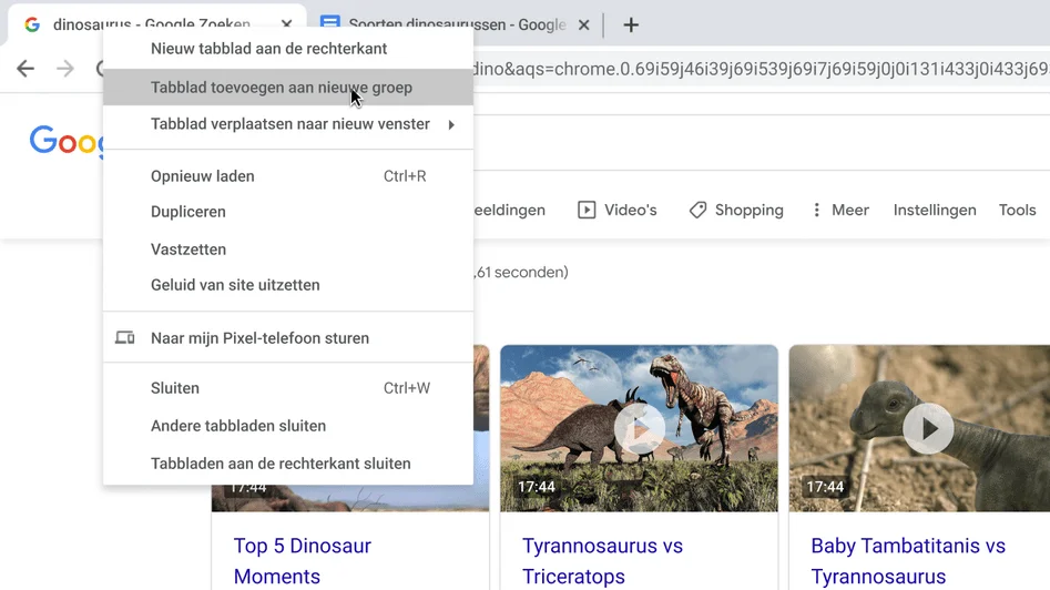 Chrome-browservenster met een dialoogvenster waarin je ziet hoe je een nieuwe tabbladgroep maakt