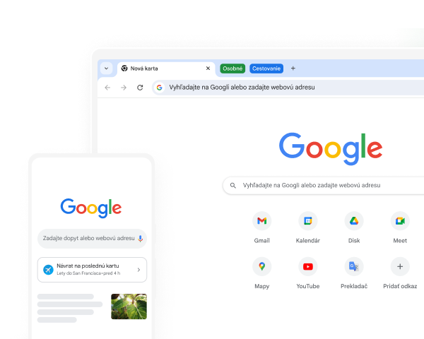 Mobilné zariadenie a počítač, v ktorých je v Chrome zobrazená domovská stránka Google.