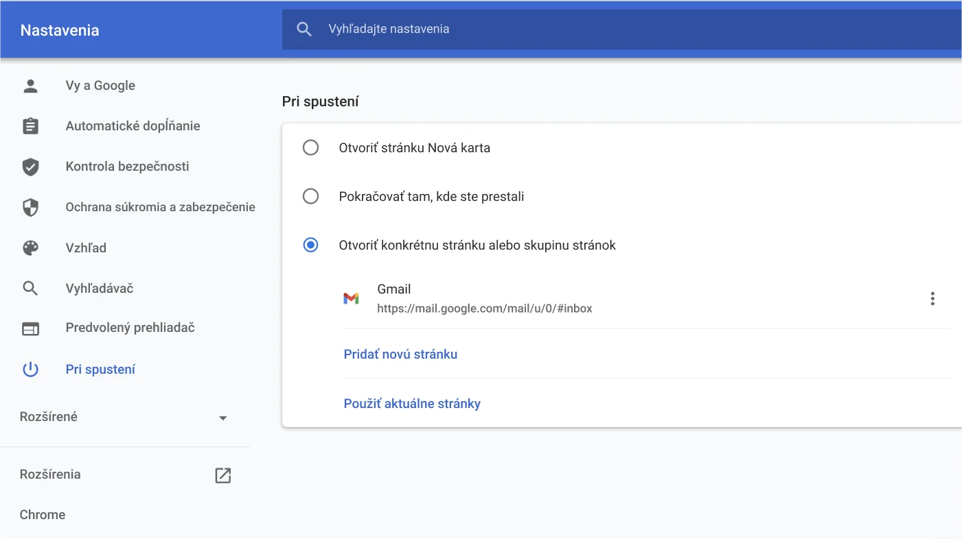 Okno nastavení prehliadača Chrome s ponukou možností Pri spustení.
