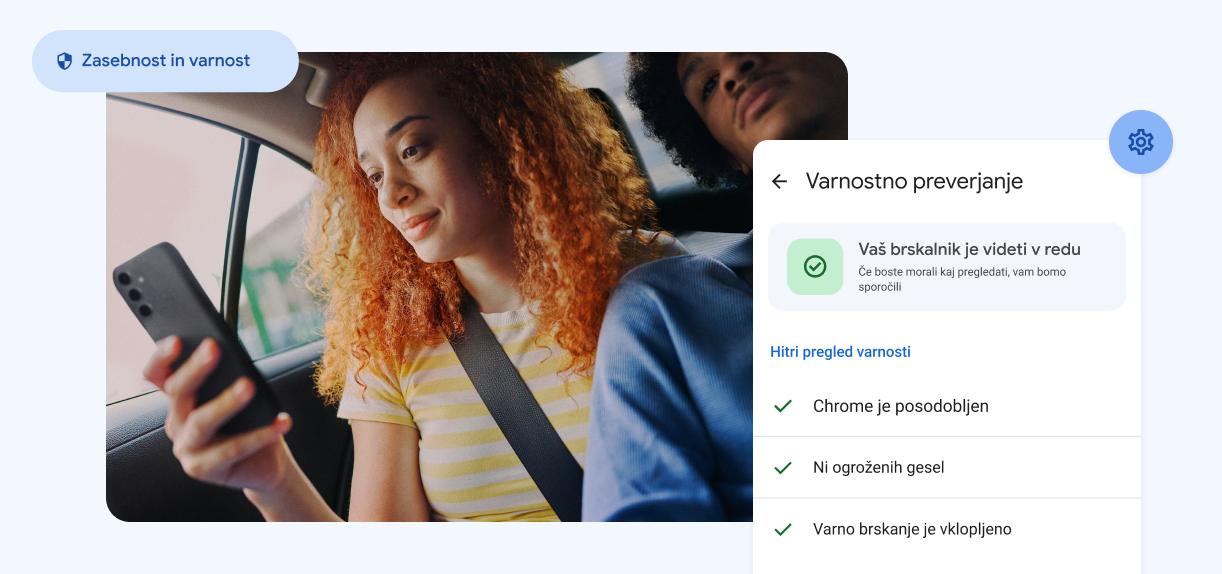Ženska gleda v telefon. Elementi pravijo »Zasebnost in varnost« z opozorilom glede ogroženih gesel.