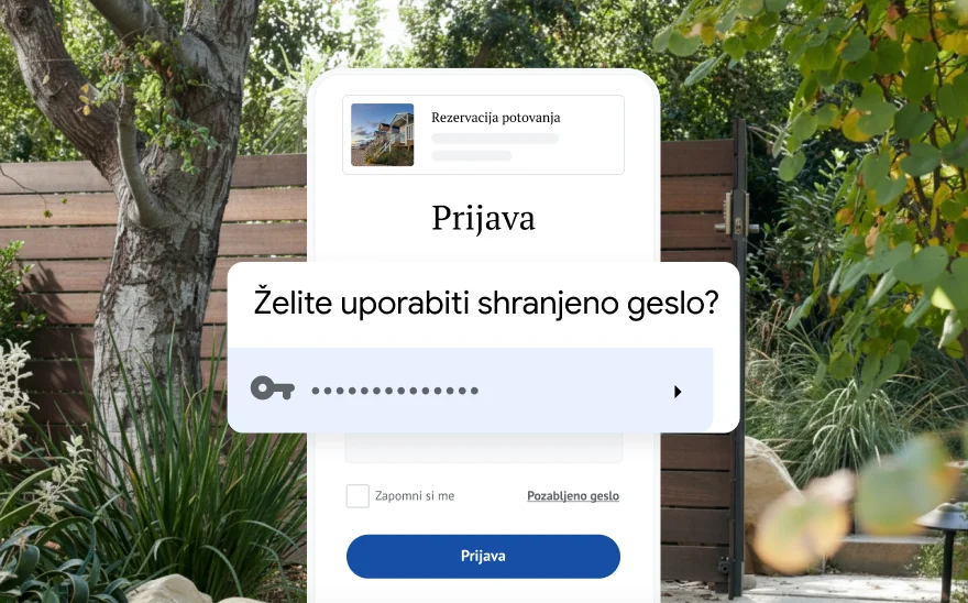 Stran za prijavo za rezervacijo potovanja pozove k uporabi shranjenega gesla. V ozadju je prizor iz narave.