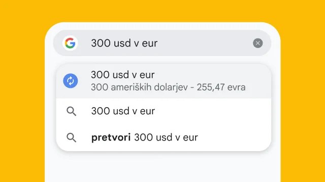 Uporabnik je v Chromovo naslovno vrstico vnesel »300 usd to eur« in takoj so bili prikazani rezultati.