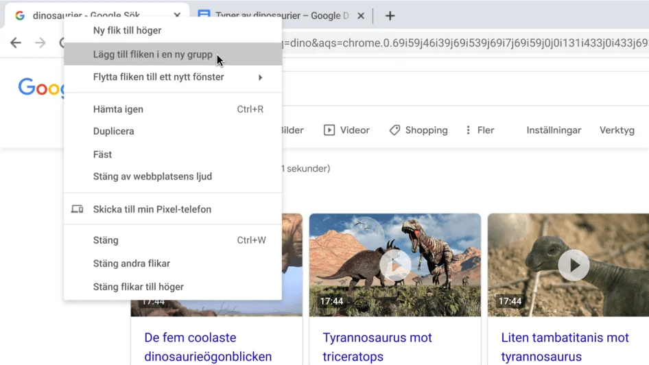 Ett webbläsarfönster i Chrome med en dialogruta som visar hur en ny flikgrupp skapas